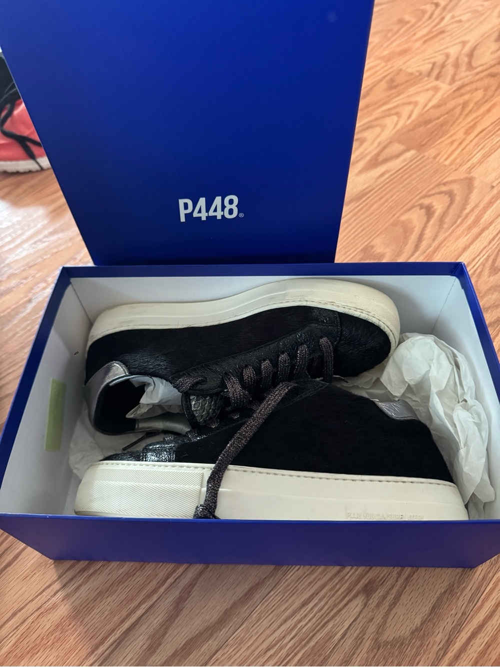 P448 Black Hair-On Hide Low-Top Sneakers with White Sole